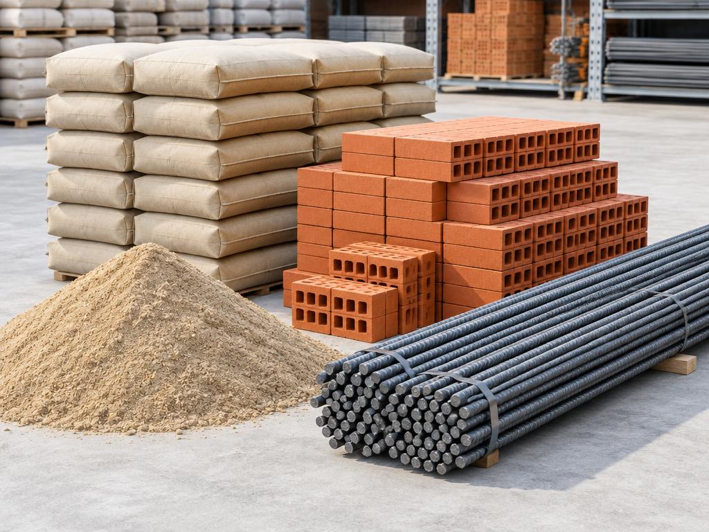 Construction materials including bricks and steel